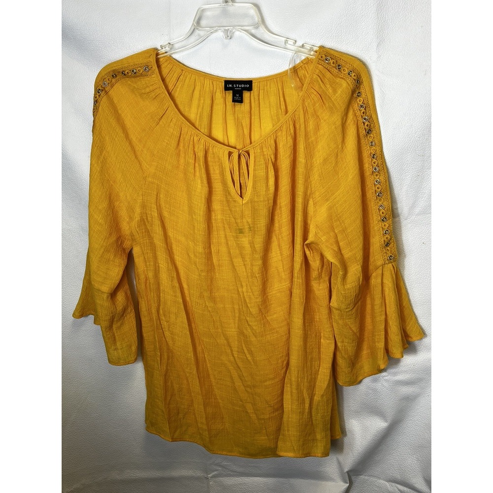 I.N. Studio Women’s 1x Bell Sleeve Yellow Peasant Blouse Oversized Boho